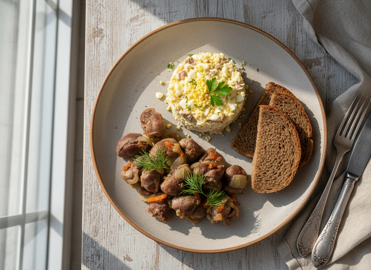 Куриные желудки с салатом и хлебом photo