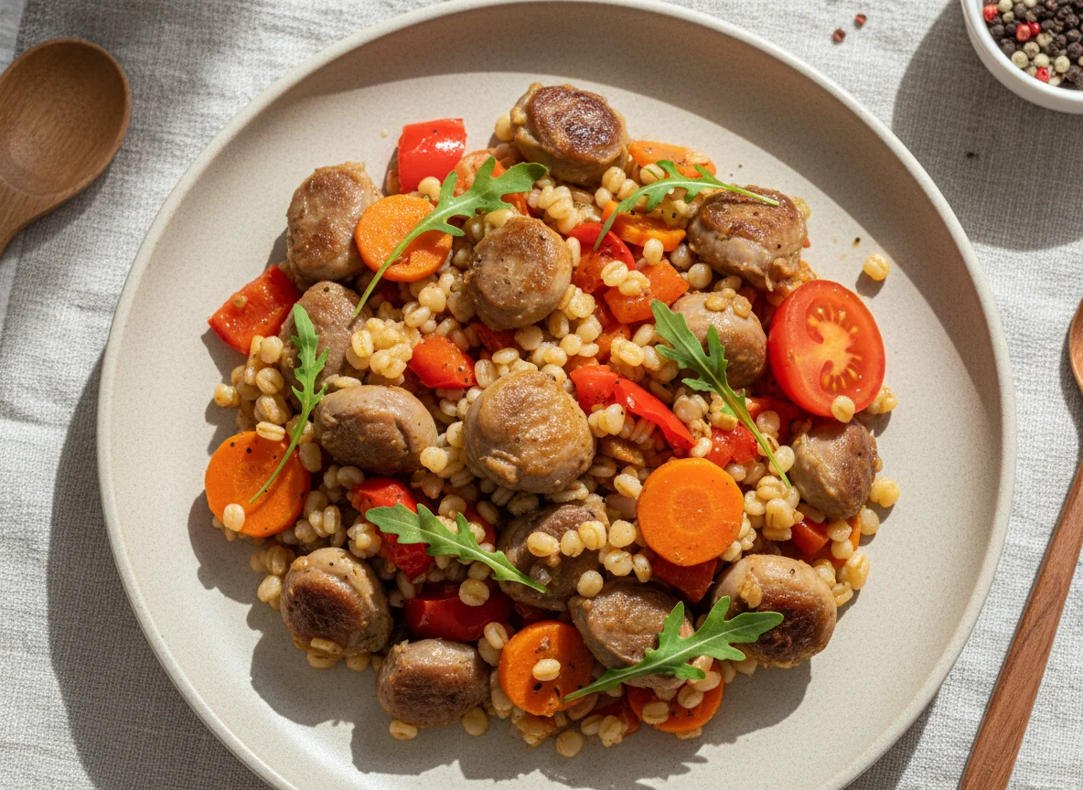 Куриные желудочки с перловкой и овощами photo