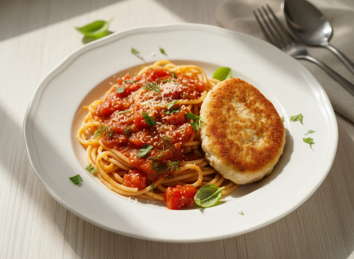 Куриный биточек со спагетти в томатном соусе photo