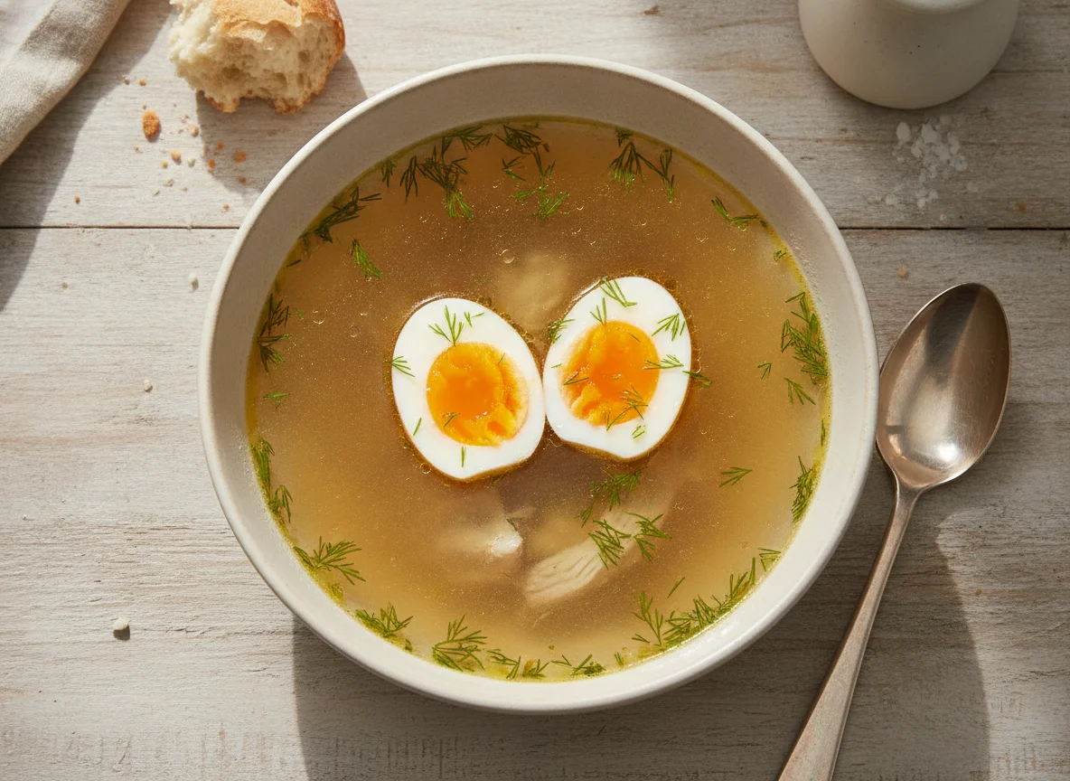 Куриный бульон с яйцом и укропом photo