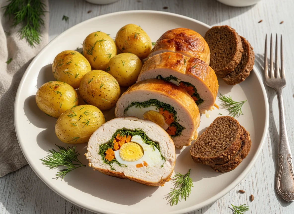 Куриный рулет с начинкой и картофелем photo