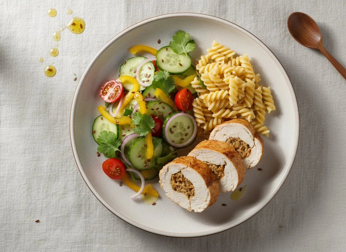 Куриный рулет с пастой и овощным салатом photo