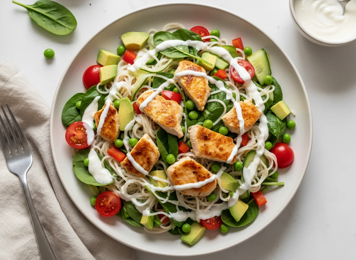 Куриный салат с лапшой и овощами photo