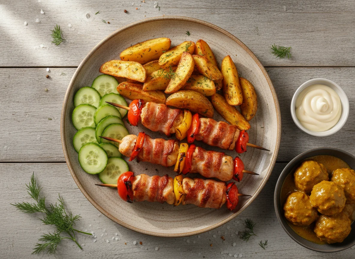 Куриный шашлык с беконом, картофелем по-деревенски, огурцами и соусом photo