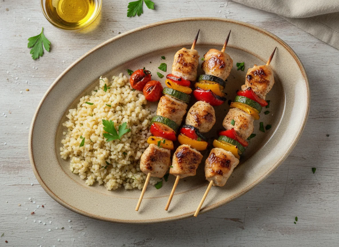 Куриный шашлык с булгуром и овощами photo