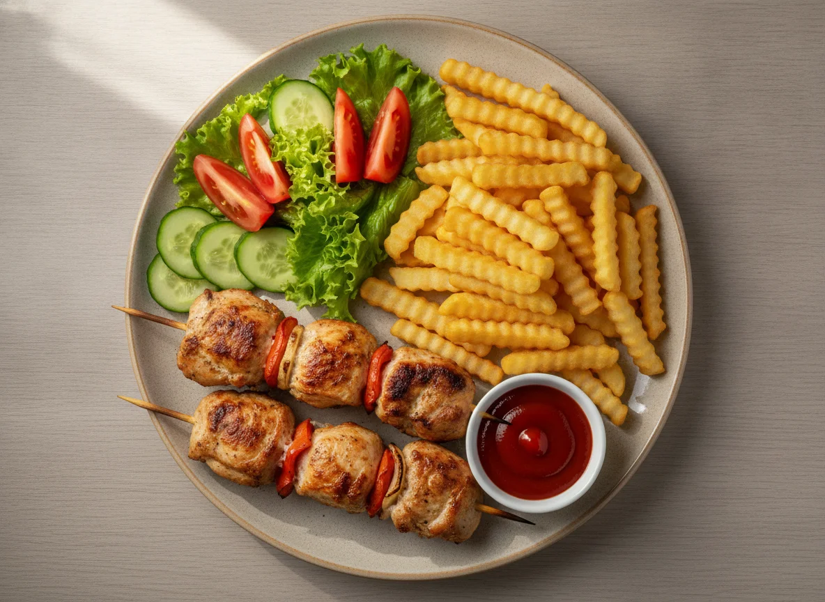 Куриный шашлык с картофелем фри и овощами photo