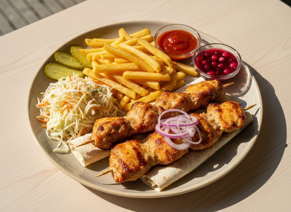 Куриный шашлык с картофелем фри и салатом photo