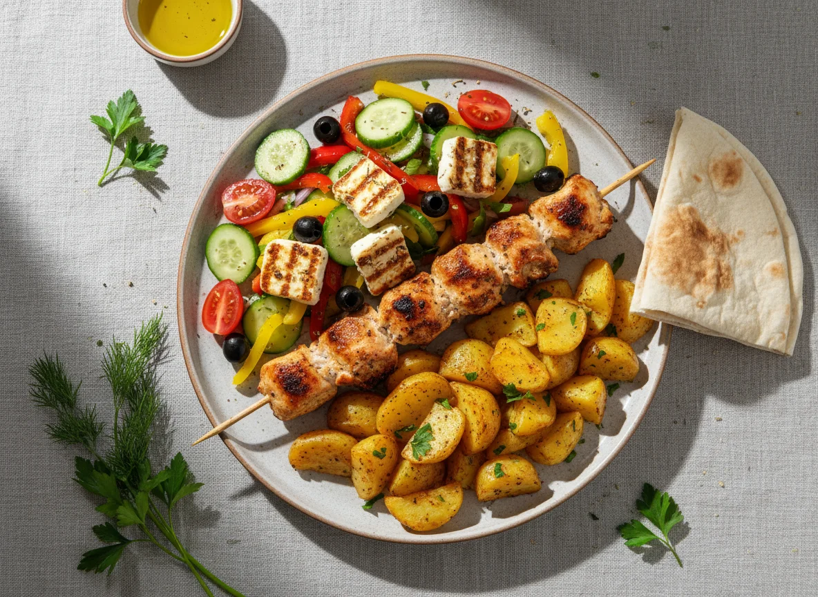 Куриный шашлык с картофелем и греческим салатом photo