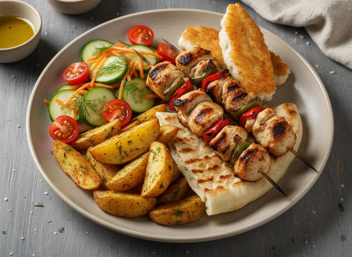 Куриный шашлык с картофелем и салатом photo