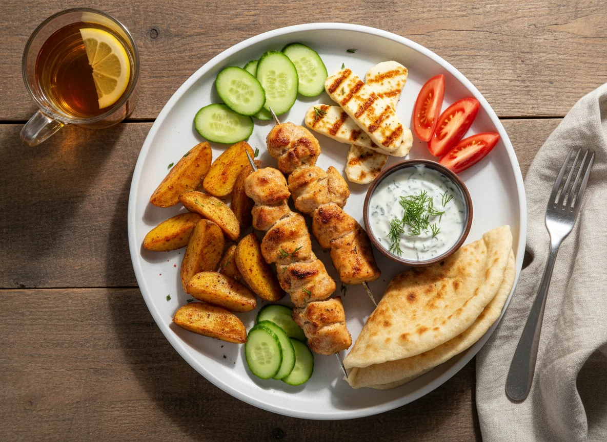 Куриный шашлык с картофелем и соусом photo