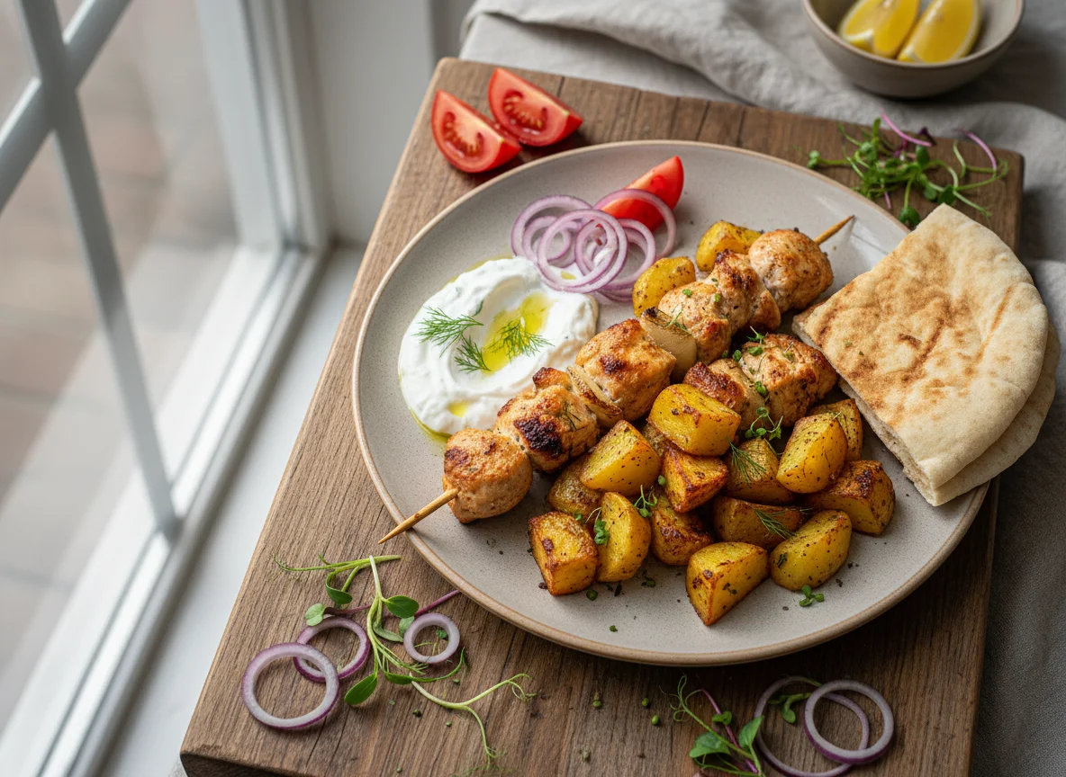 Куриный шашлык с картофелем и соусом дзадзики photo