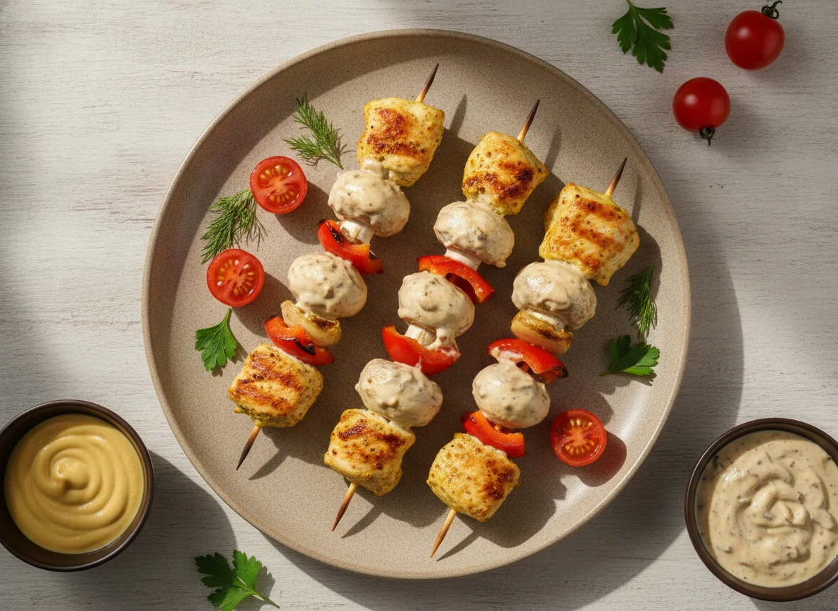 Куриный шашлык с овощами и грибами photo