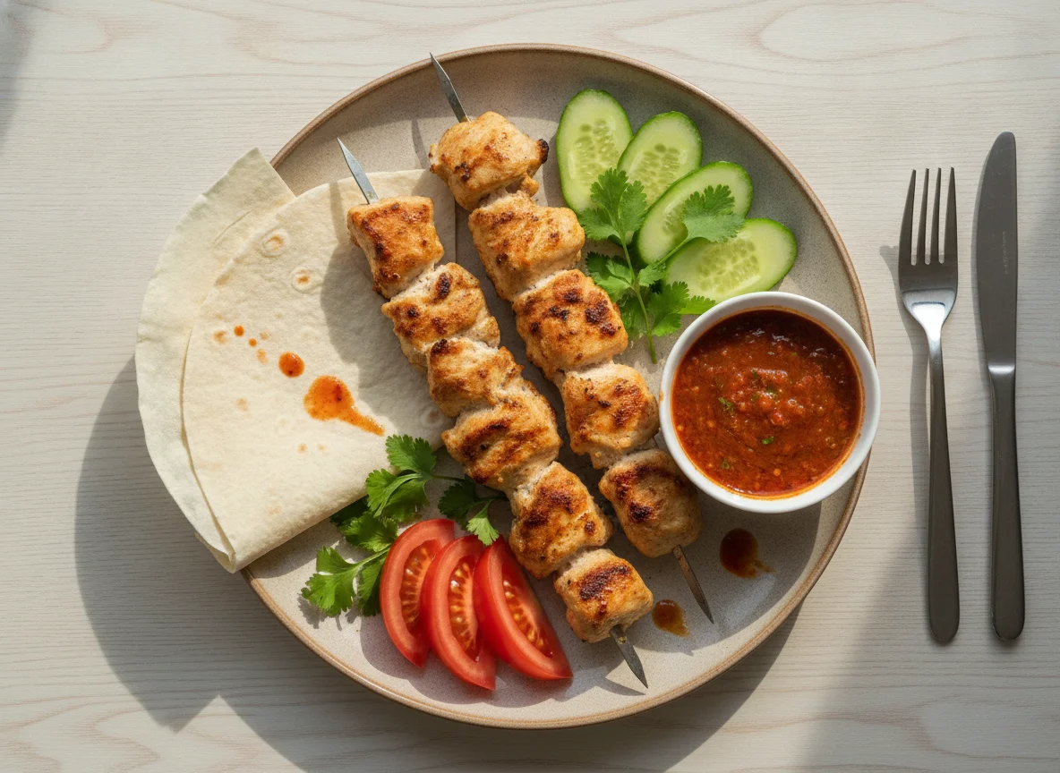 Куриный шашлык с овощами и соусом photo