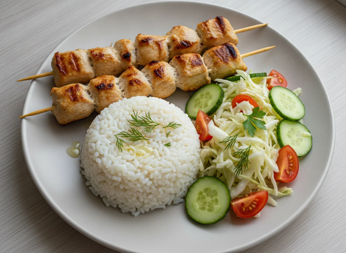 Куриный шашлык с рисом и овощным салатом photo