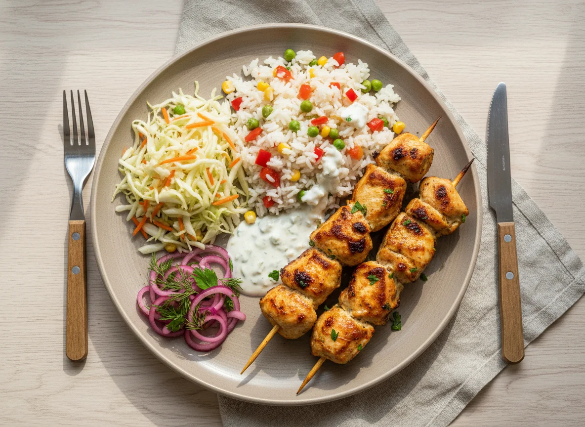 Куриный шашлык с рисом и салатом photo