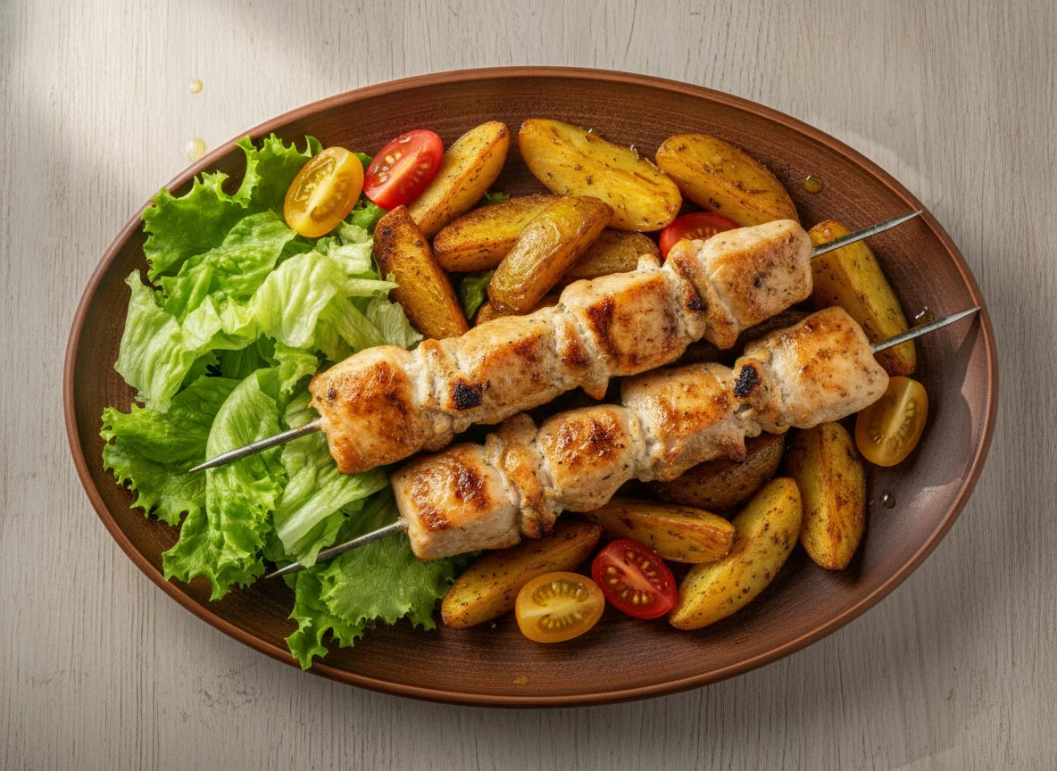 Куриный шашлык с запеченным картофелем и овощами photo