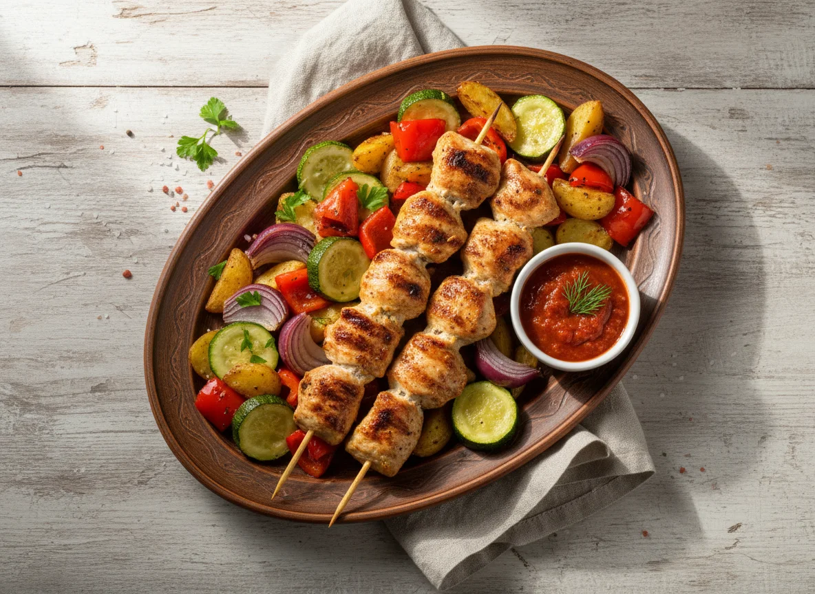 Куриный шашлык с запеченными овощами photo