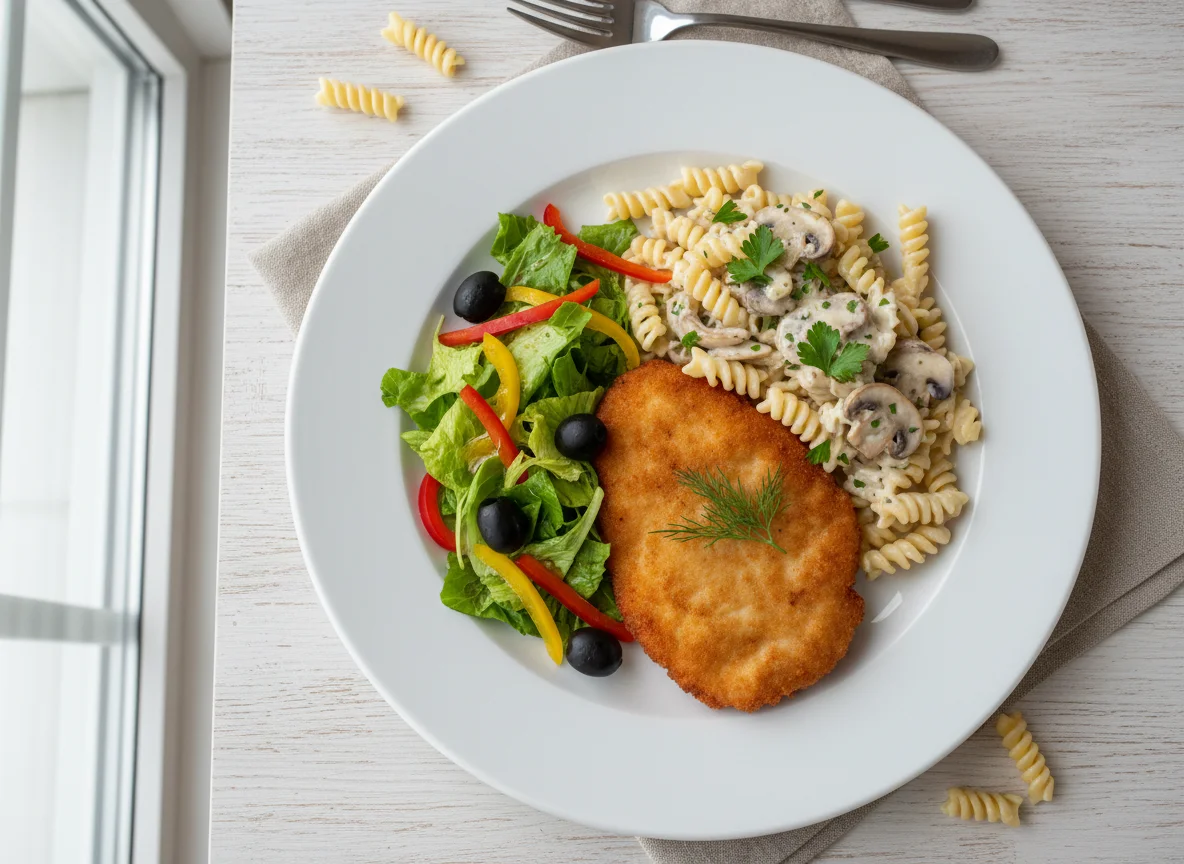 Куриный шницель с пастой и овощным салатом photo