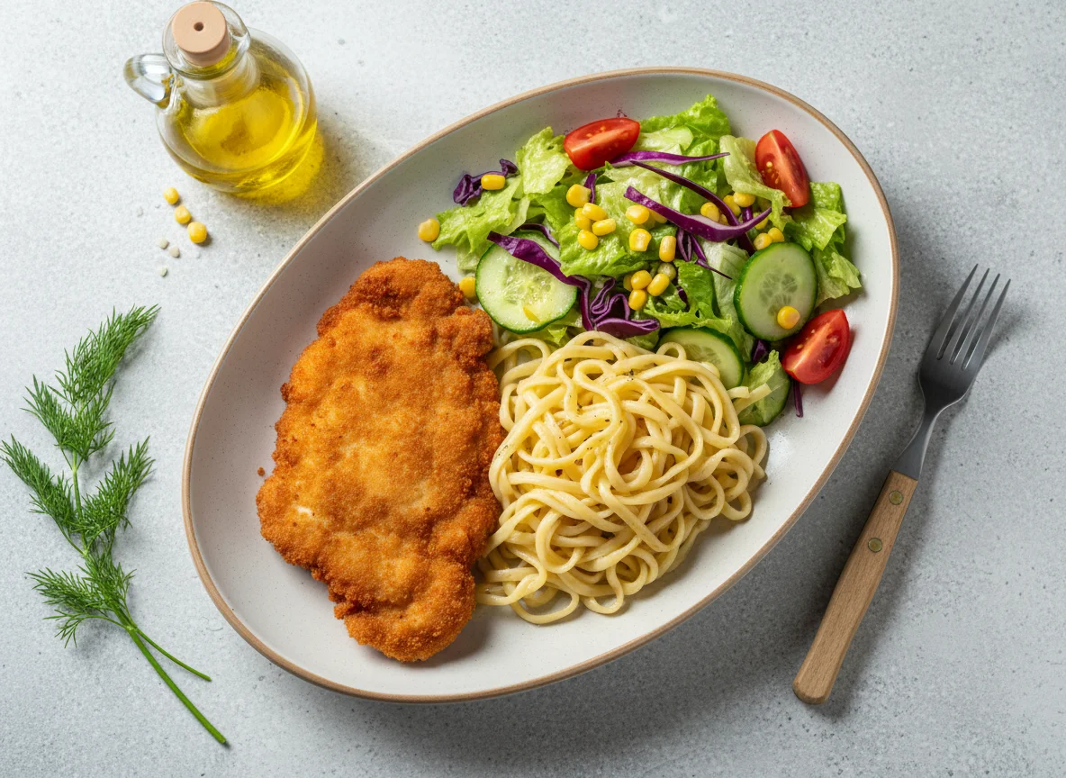 Куриный шницель с пастой и салатом photo