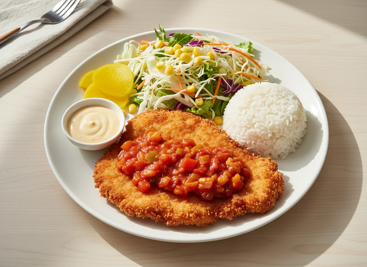 Куриный шницель с рисом и салатом photo