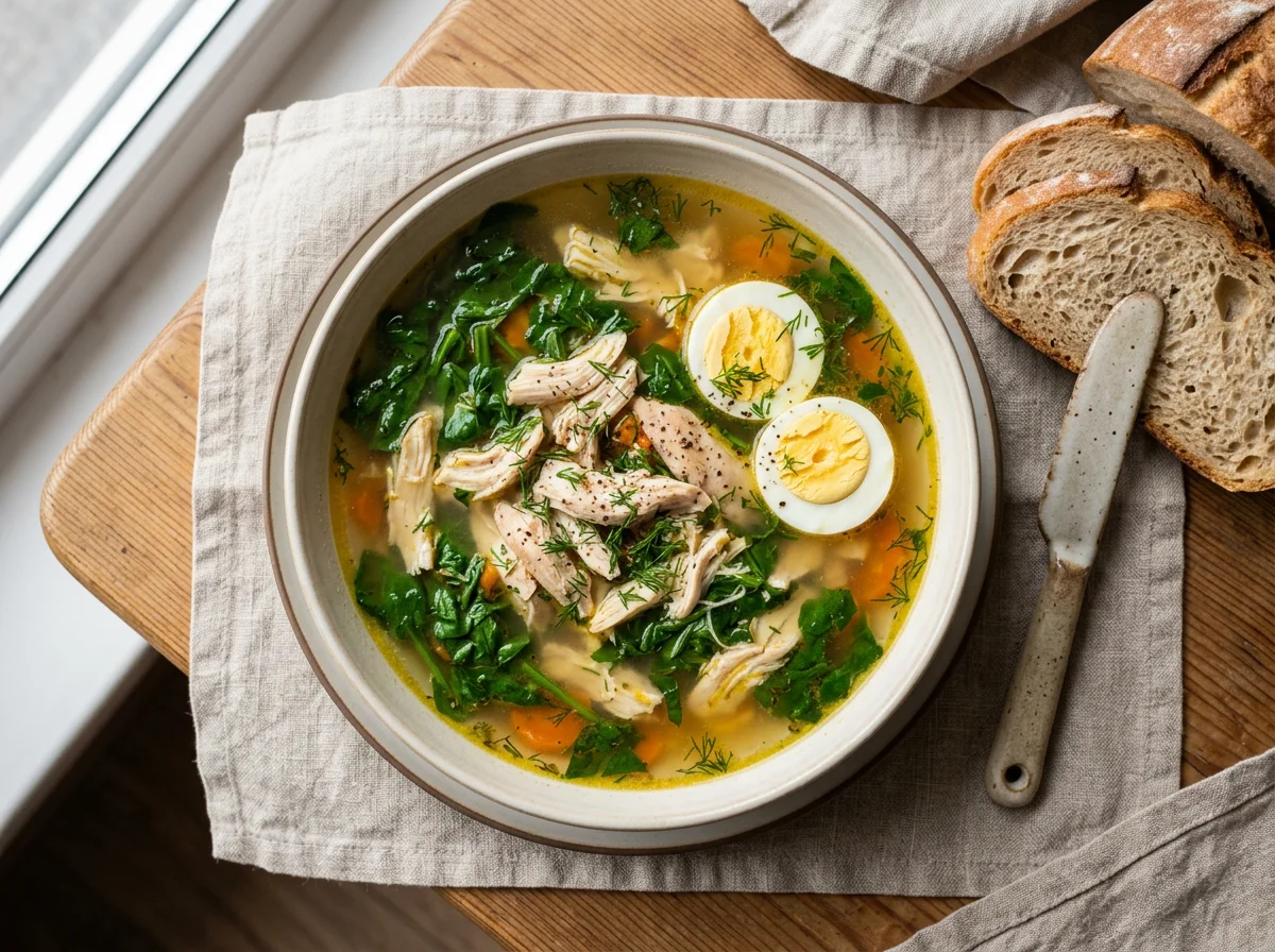 Куриный суп с яйцом и хлебом photo