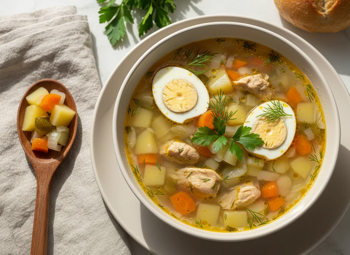 Куриный суп с яйцом и овощами photo