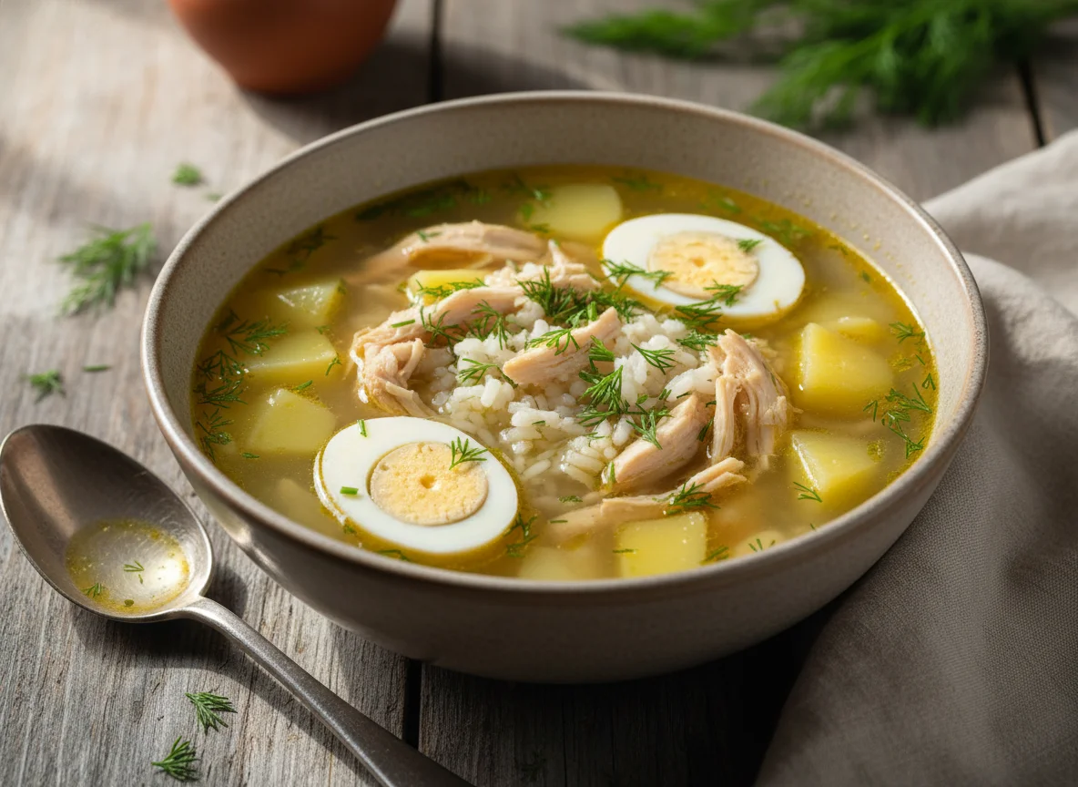 Куриный суп с яйцом, картофелем и рисом photo
