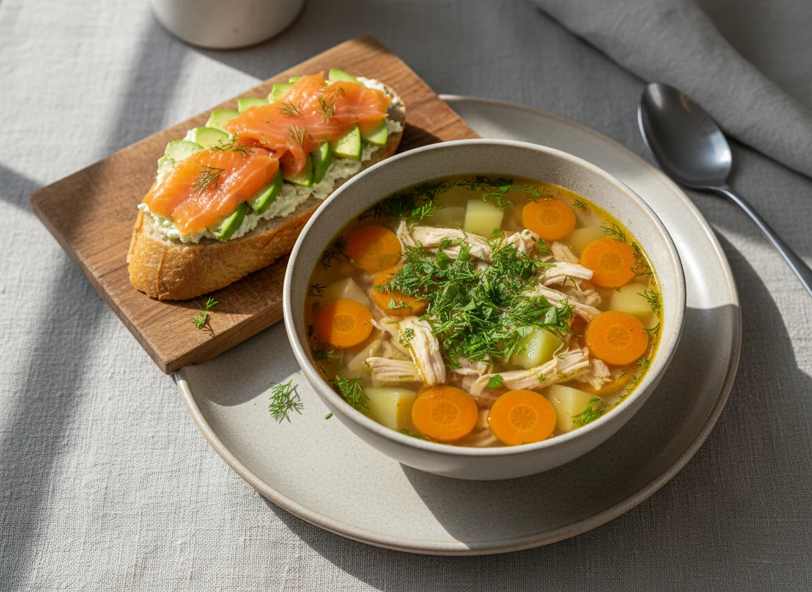 Куриный суп с бутербродом с лососем и авокадо photo