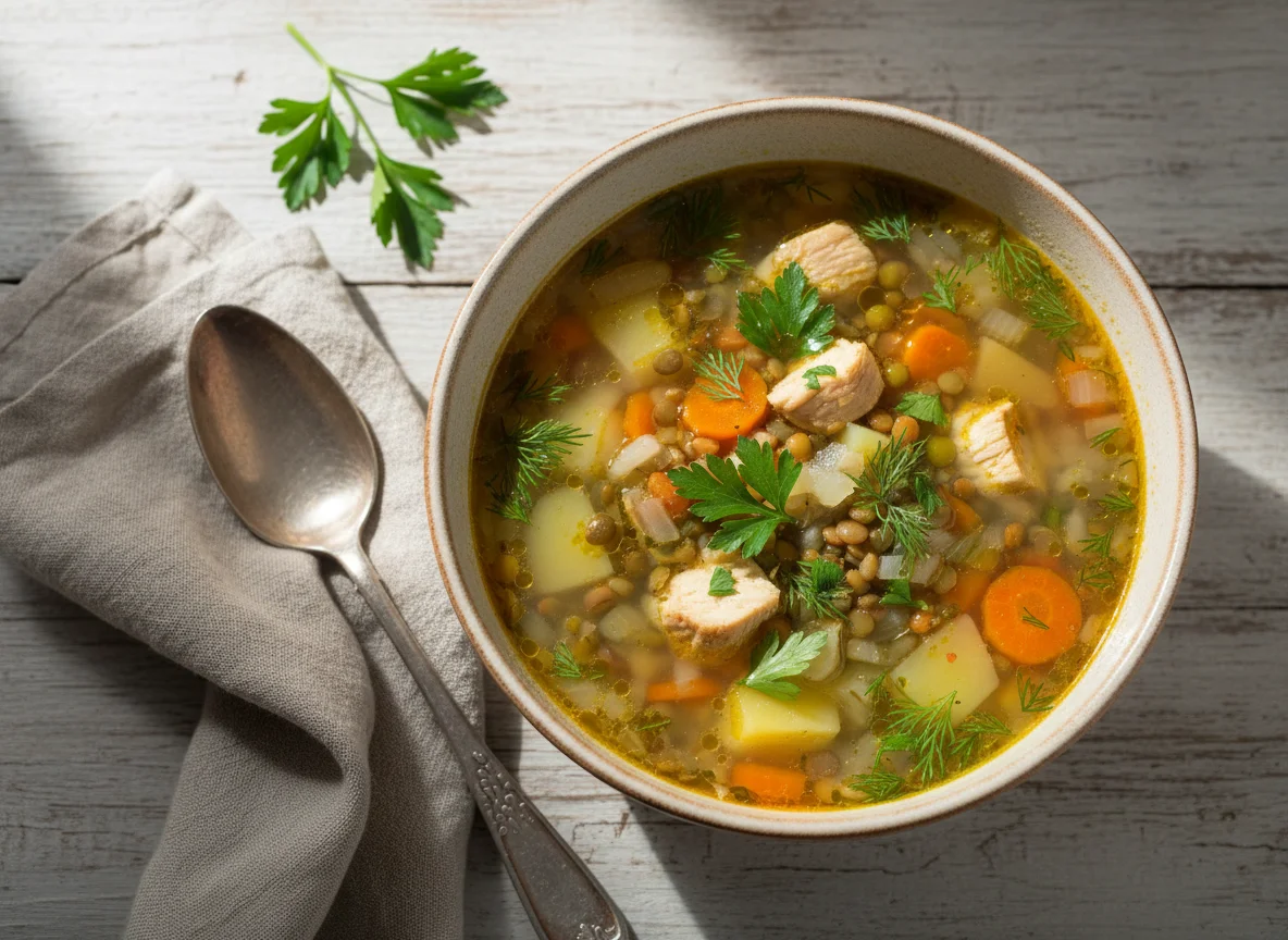 Куриный суп с чечевицей и овощами photo