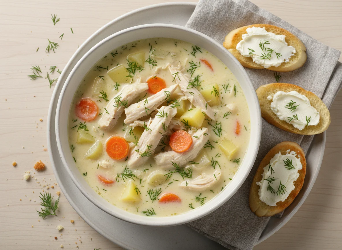 Куриный суп с гренками и сливочным сыром photo