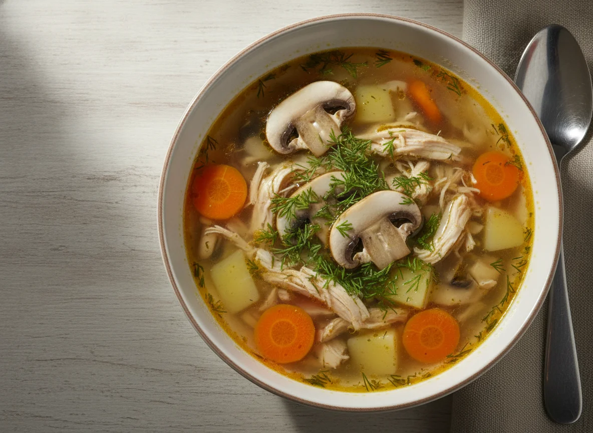 Куриный суп с грибами и овощами photo