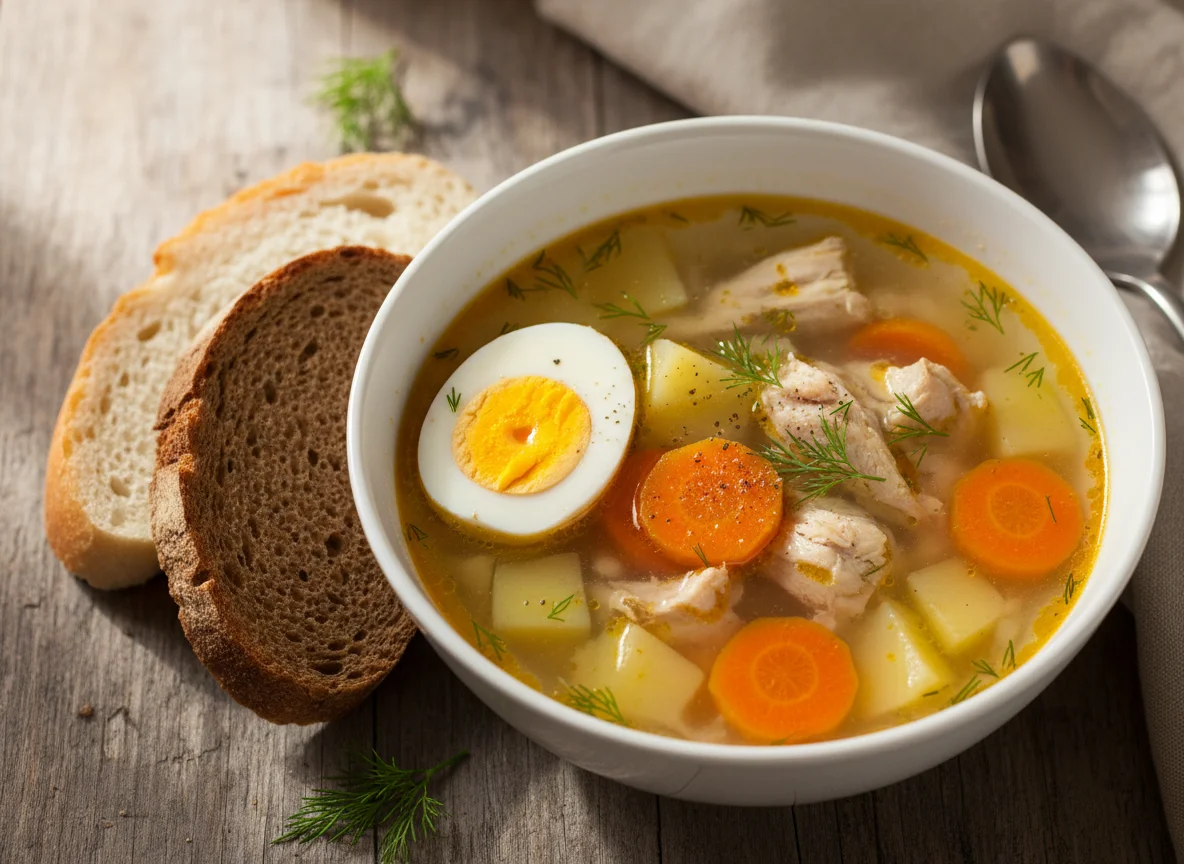 Куриный суп с хлебом и яйцом photo