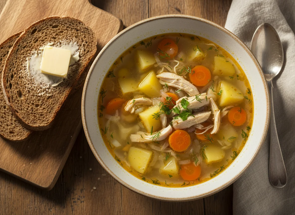 Куриный суп с хлебом и маслом photo