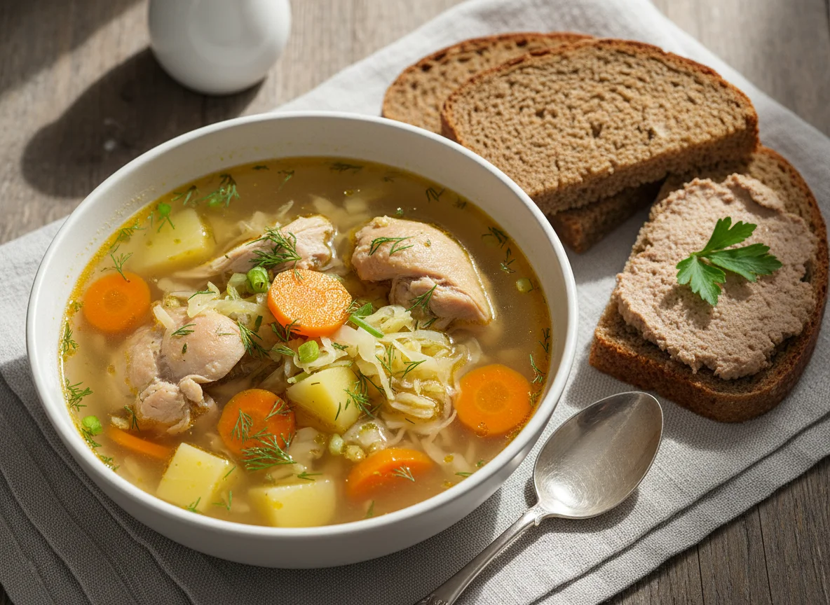 Куриный суп с хлебом и паштетом photo