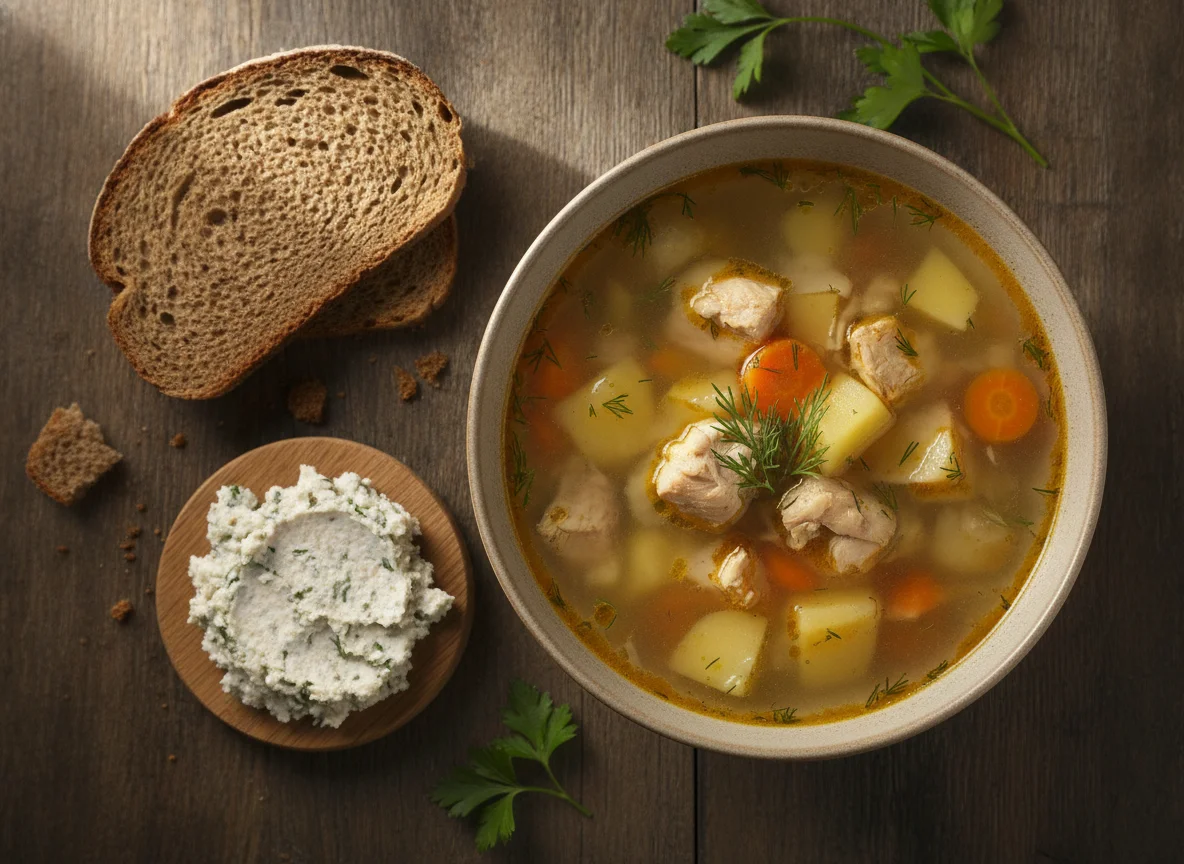 Куриный суп с хлебом и салом photo