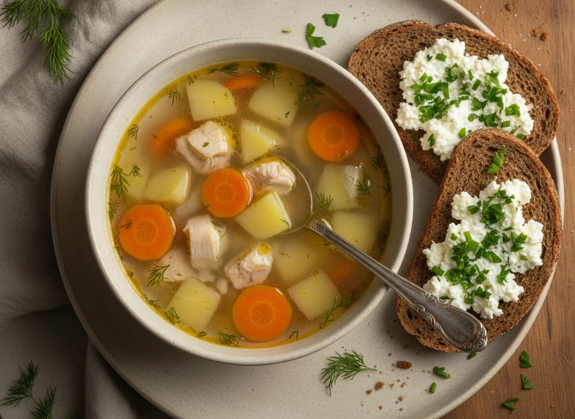 Куриный суп с хлебом и творожным сыром photo