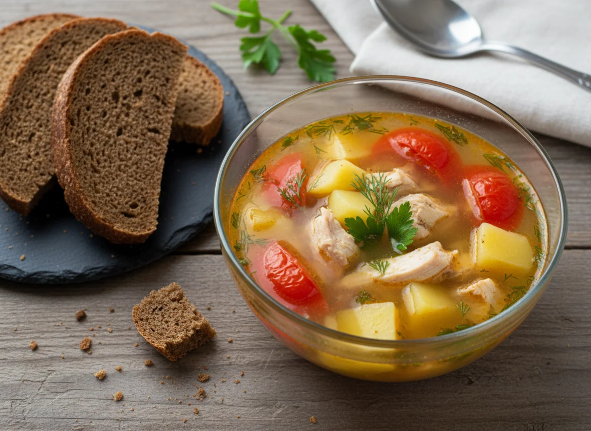 Куриный суп с картофелем и хлебом photo