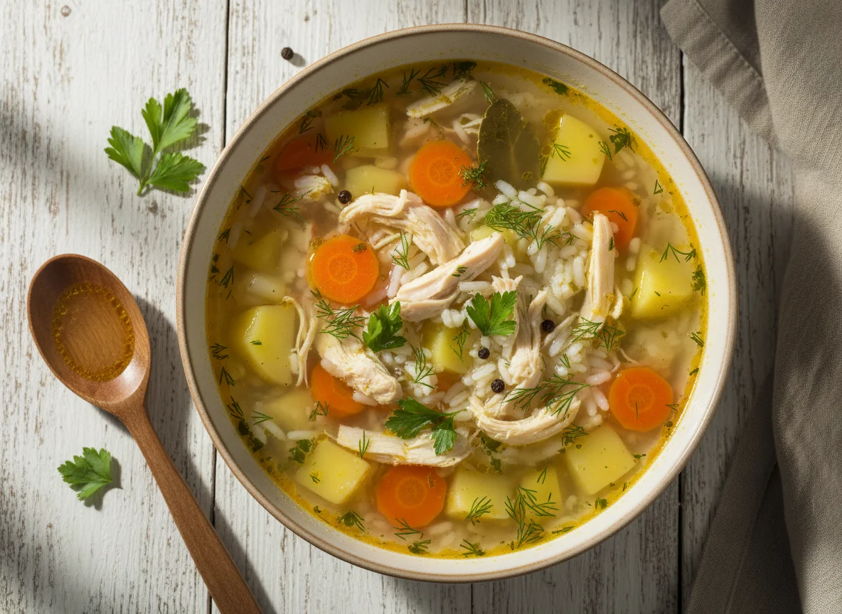 Куриный суп с картофелем и рисом photo