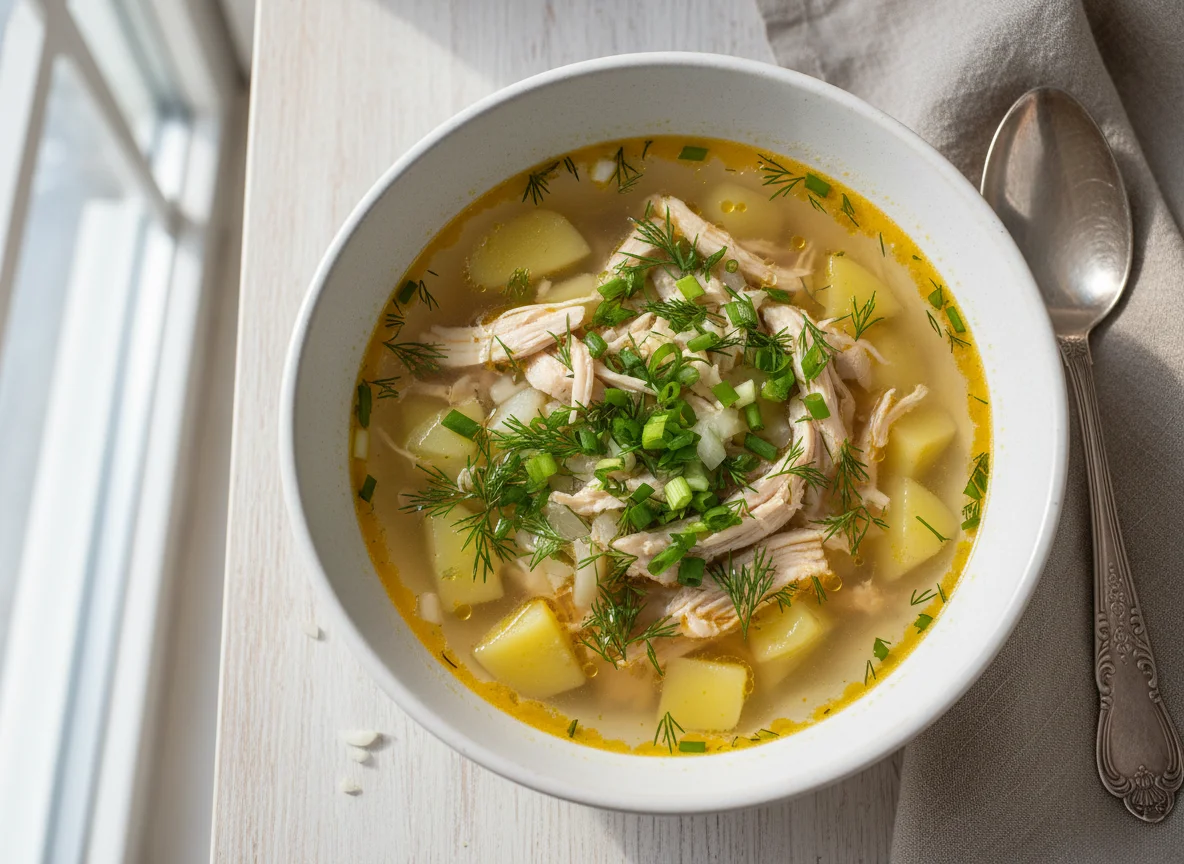 Куриный суп с картофелем и зеленью photo