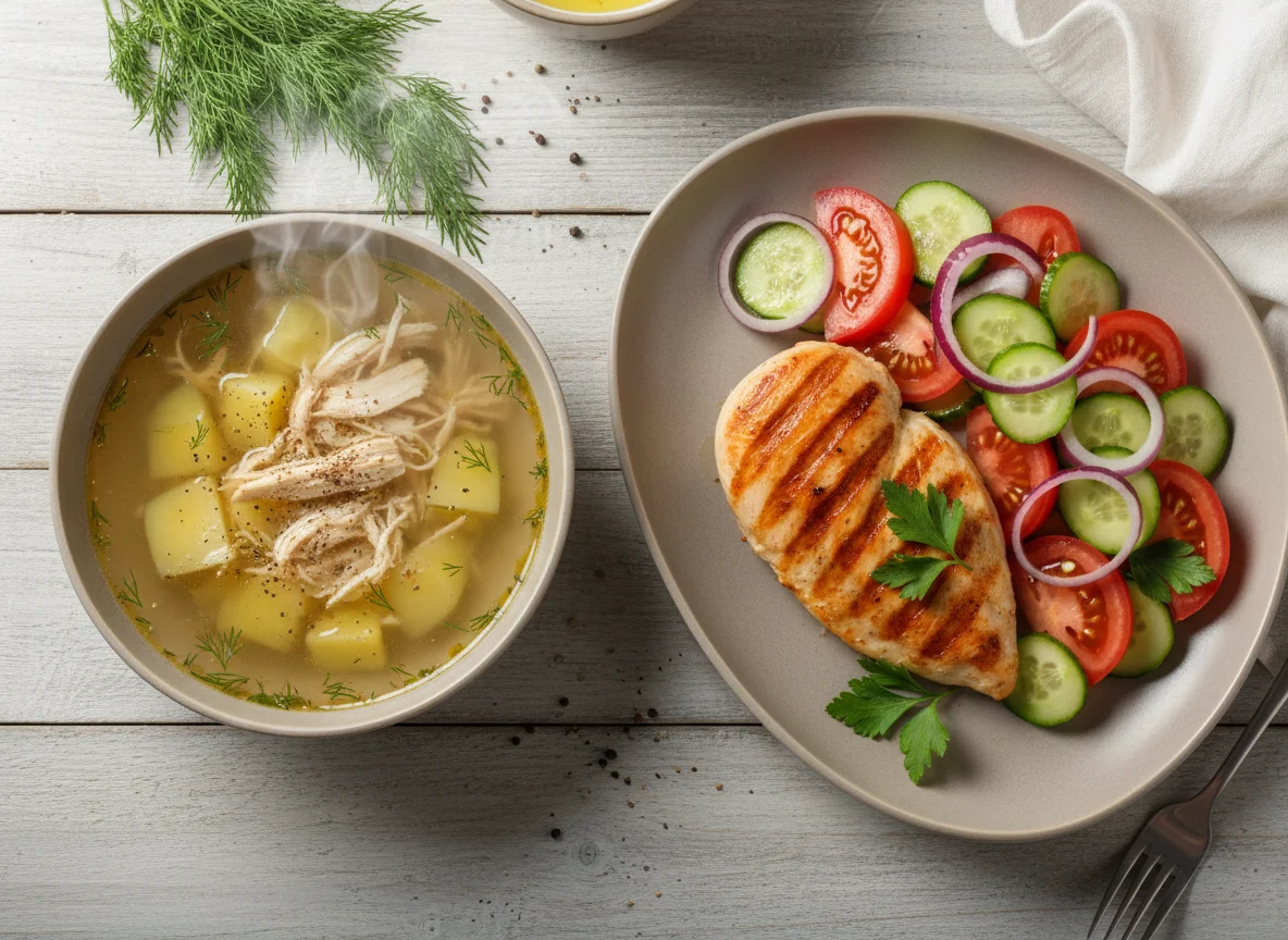 Куриный суп с картофелем, курица-гриль с овощным салатом photo