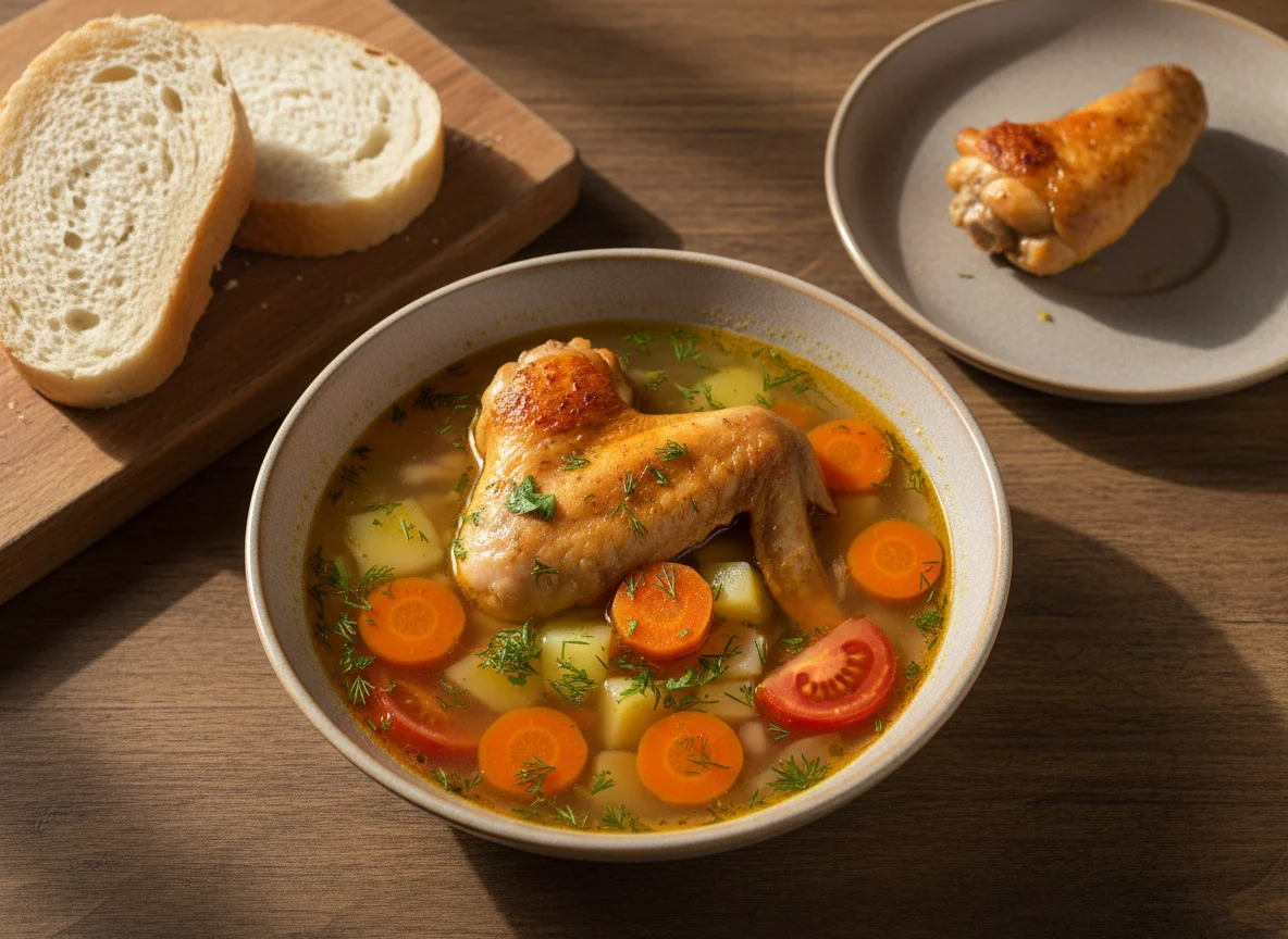 Куриный суп с крылышком и хлебом photo