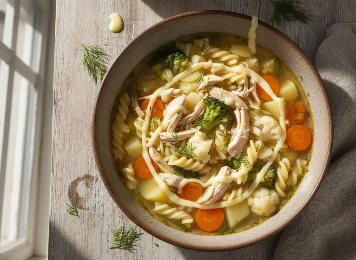 куриный суп с лапшой, цветной капустой и брокколи и с плавленным сыром photo