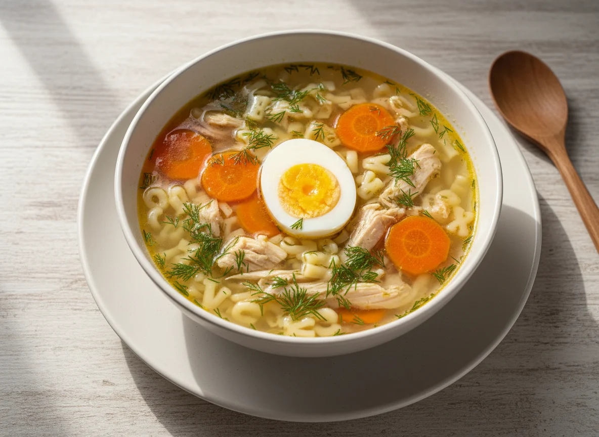 Куриный суп с лапшой и яйцом photo