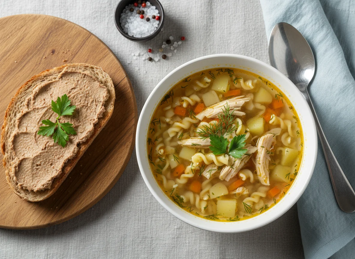 Куриный суп с лапшой и бутерброд с паштетом photo