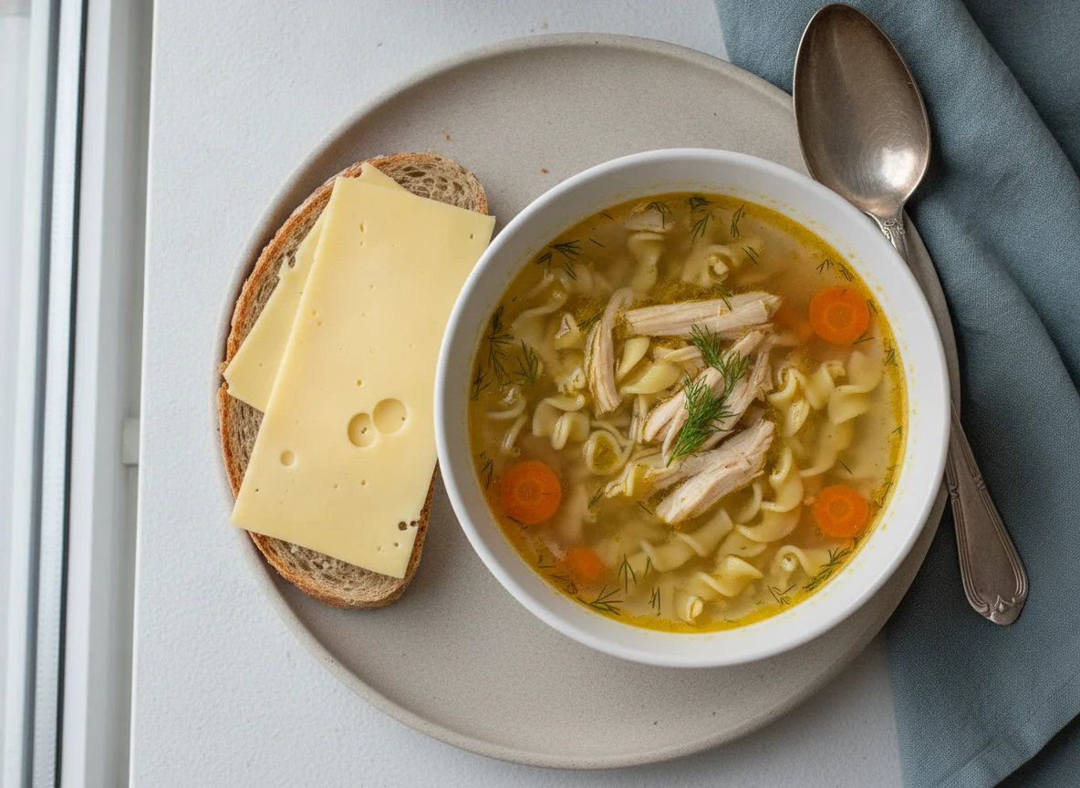 Куриный суп с лапшой и бутерброд с сыром photo