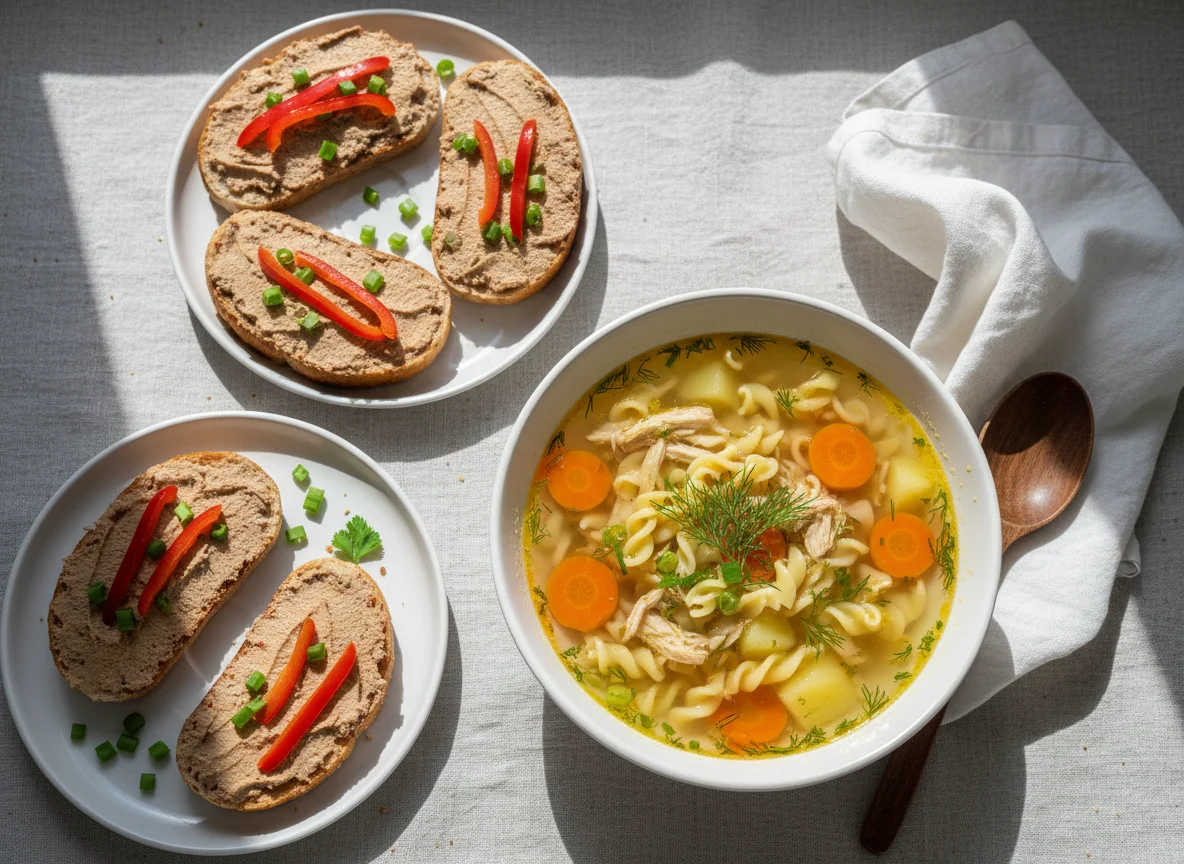 Куриный суп с лапшой и бутерброды с паштетом photo