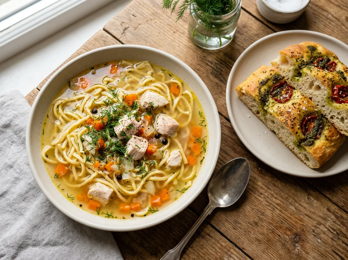 Куриный суп с лапшой и фокачча с песто photo