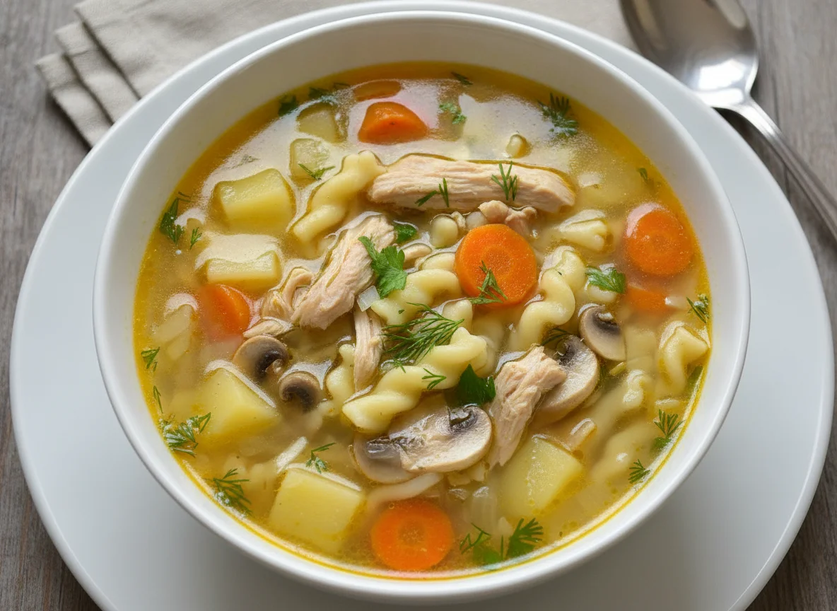 Куриный суп с лапшой и грибами photo
