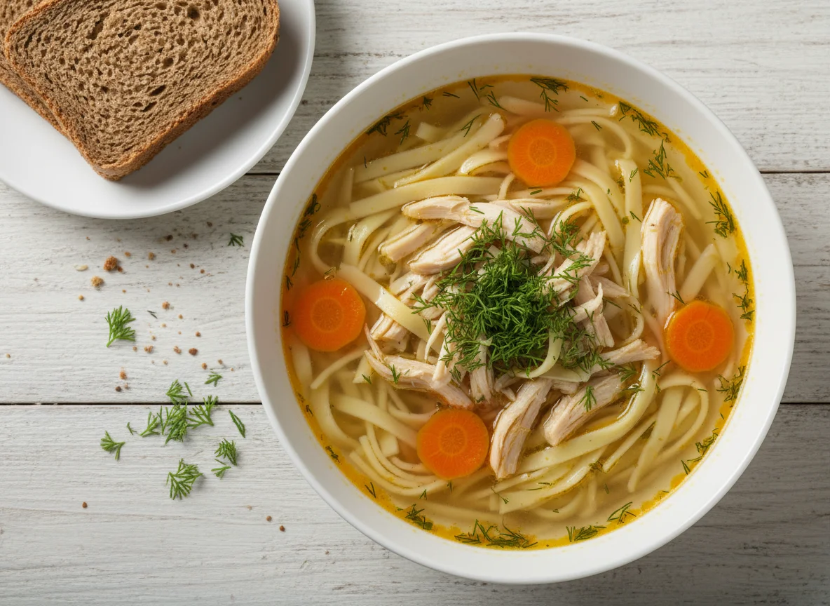 Куриный суп с лапшой и хлеб photo