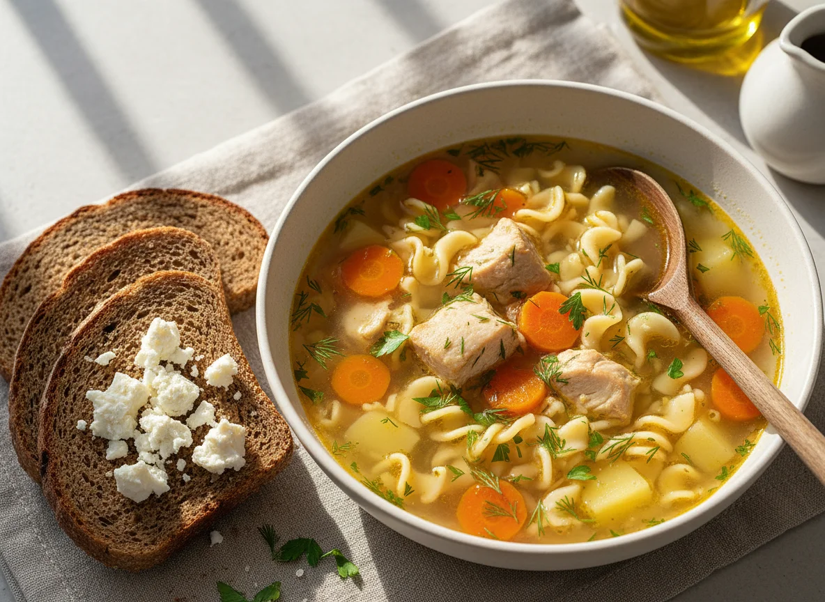 Куриный суп с лапшой и хлебом photo
